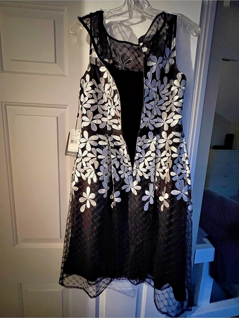 Adrianna Papell Floral Embroidered Midi Dress Black & Silver Size 8